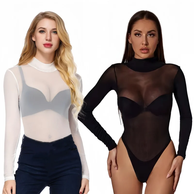 

Black Long Sleeve Bodycon Bodysuit Top Plus Size Women's One-pieces Mesh See Through Bodysuits Lingerie Sexy Tops for Women