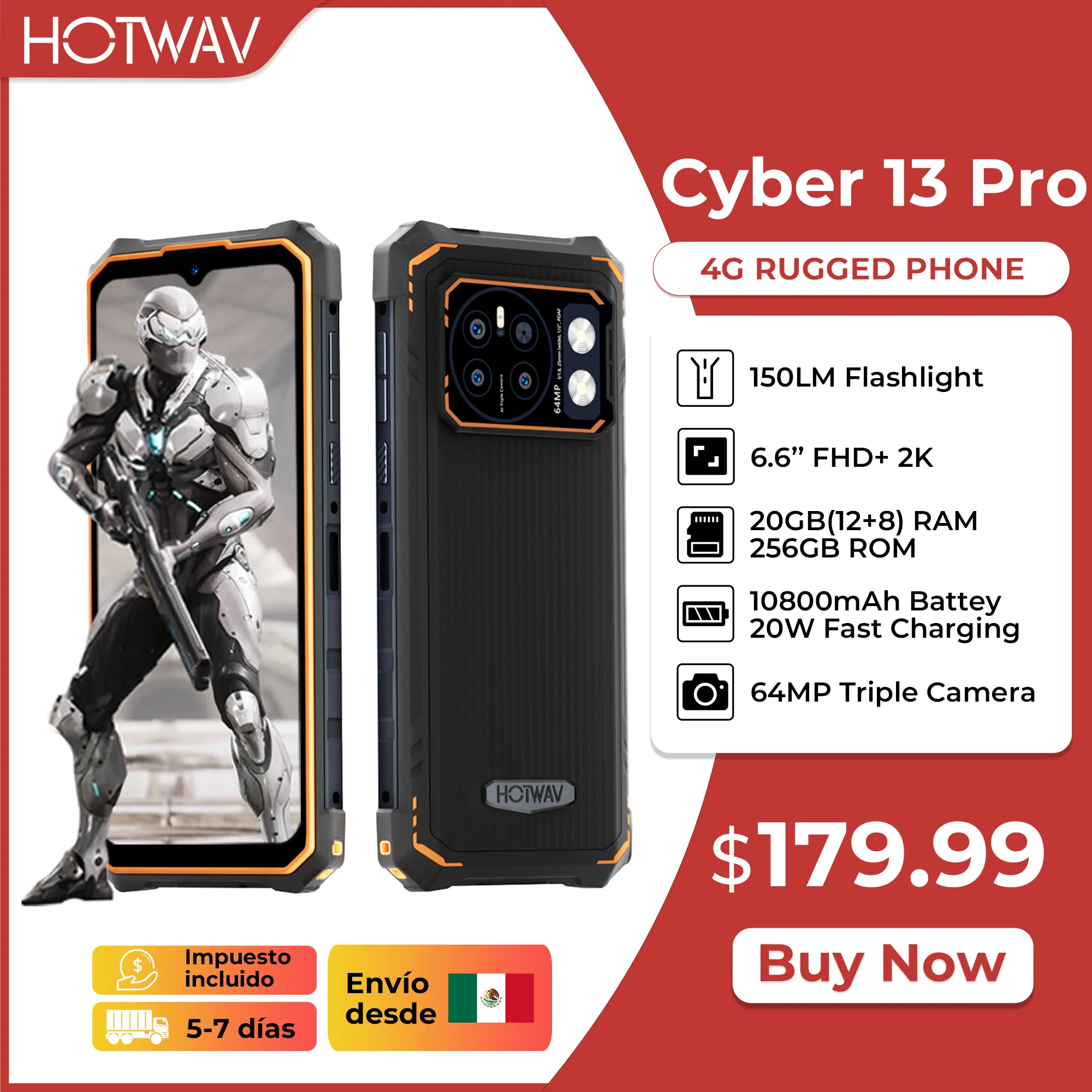 HOTWAV Cyber 13 Pro Smartphone robusto Torcia 150LM 20 GB + 256 GB 6,6 '' FHD + 2K Display Cellulare 10800 mAh 64 MP Cellulare