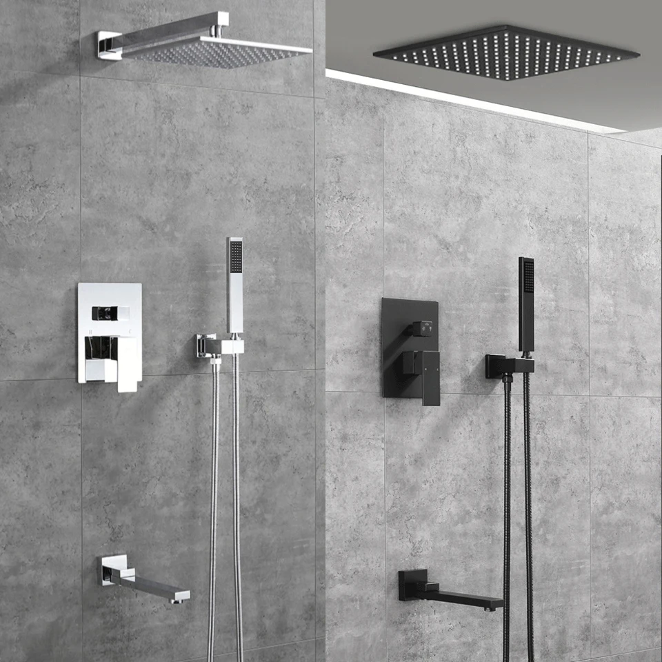 Luxury Wall Mount Rainfall Bathroom Shower Faucet Set Concealed System 8-12'' Head with Swivel Tub Spout 2-3 Ways Mixer Taps