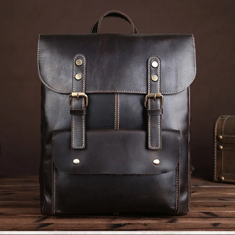 Crazy Horse Cowhide Men Backpack Genuine Leather Vintage Daypack Travel Casual School Book Bags Brand Male Laptop Rucksack