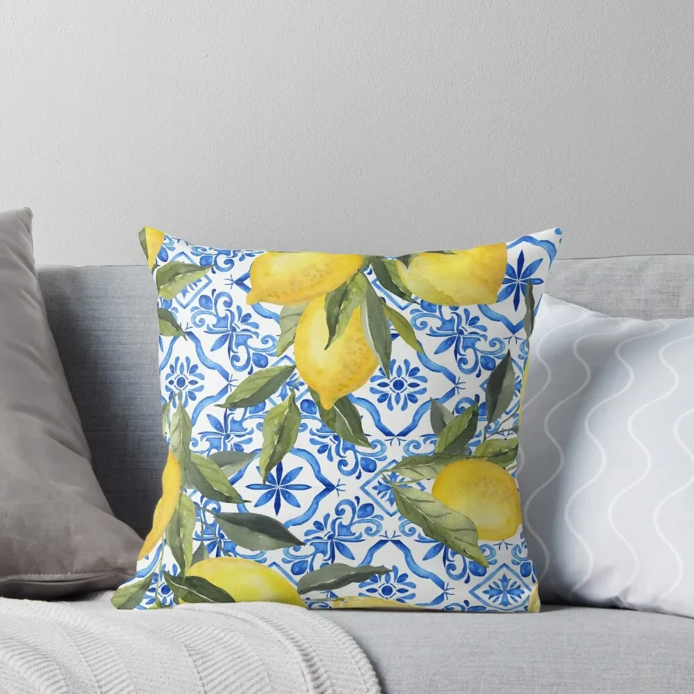 Lemons on Blue Tiles Throw Pillow pillow pillowcase Cushion Cover Set Pillow