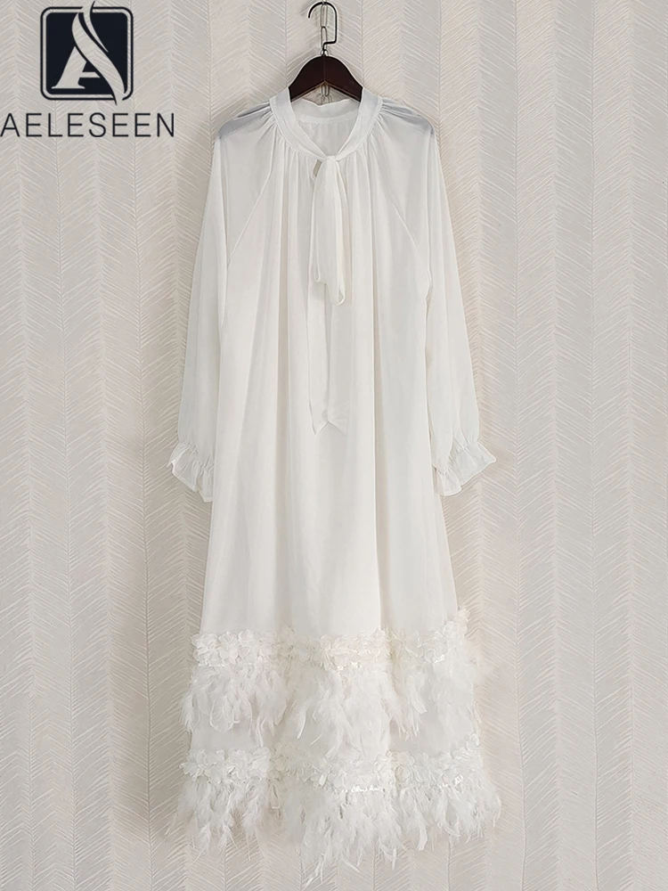 

AELESEEN Loose Long White Dress Women Designer Fashion Lantern Sleeve Bow Solid Feathers Spliced Belt Casual Holiday Vacation