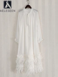 AELESEEN Loose Long White Dress Women Designer Fashion Lantern Sleeve Bow Solid Feathers Spliced Belt Casual Holiday Vacation