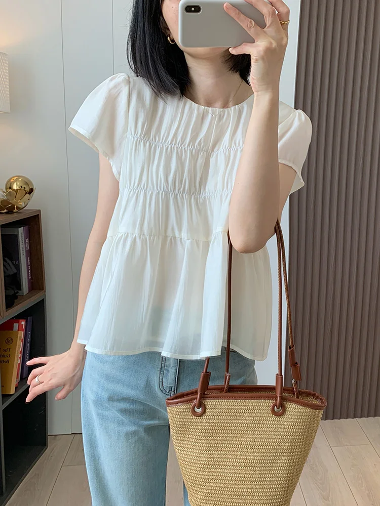 

Sweet Sle Baby Doll irt round Ne ort Sve Loose Fit Regular Length Cool Weather Fabric Flounce Sve Top