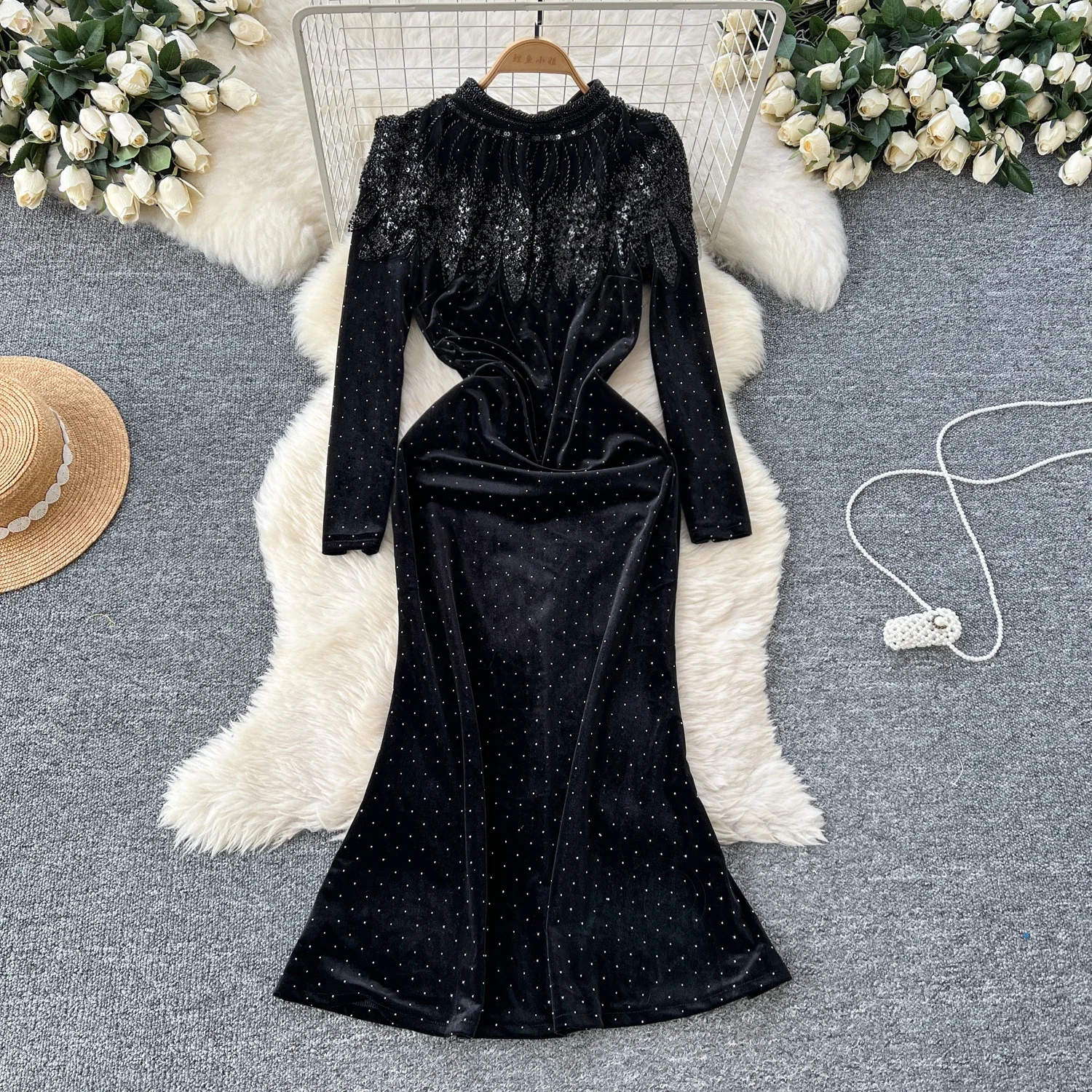 Vintage Glitter Sequin Stand Neck Fashion Long Sleeve Elegant Rhinestone Velour Slim Evening Dresses French High Street Clothing