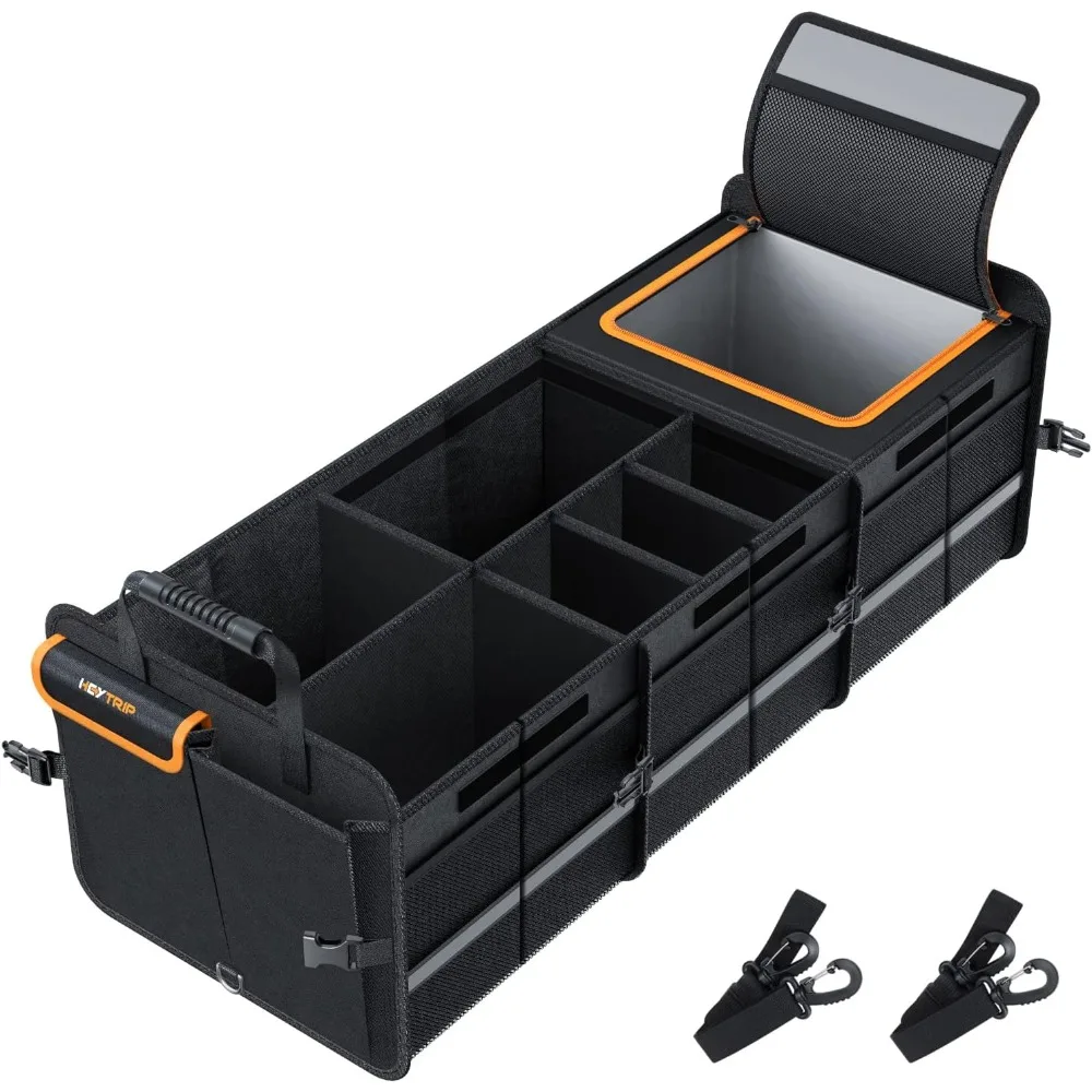 

Large Trunk Organizer With Built-in Leakproof Cooler Bag, 2 Tie-Down Straps, 4 Removable Dividers, Foldable Storage Bags