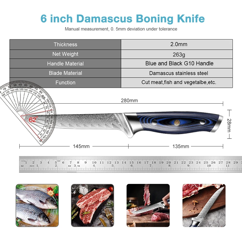 Damascus Steel Boning Knife Fillet Knife with Blue G10 Handle Japanese Kitchen Knife Pro Boning Knife for Meat,Fish,Deboning