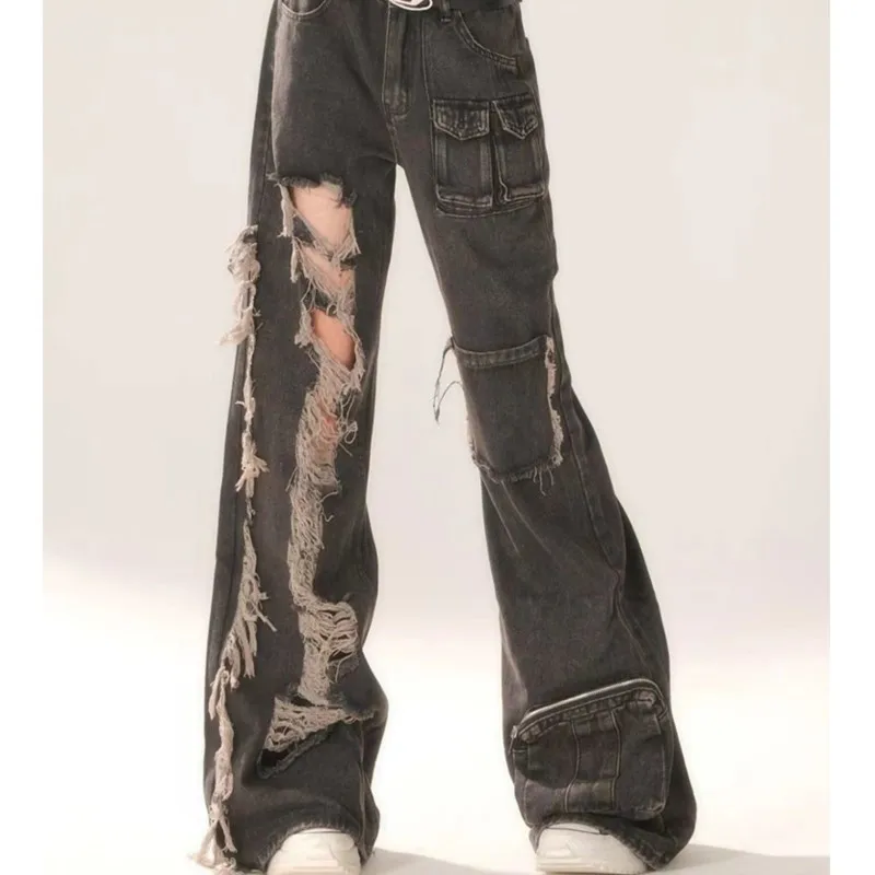 ハイウエストジーンズ レディース ワイドレッグ デニムパンツ ダメージ加工 フリンジ バギー カーゴスタイル ヴィンテージ ストリートウェア Y2K トラウザーズ