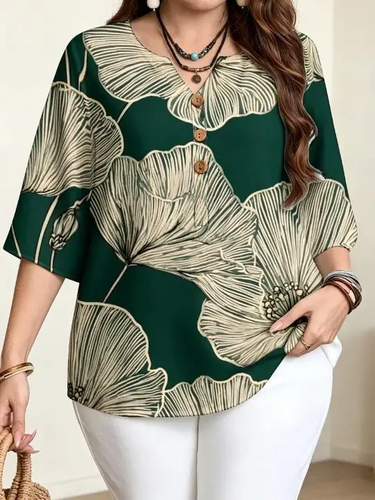 Women Large Line Art Floral Print Blouse For Curvy Figures Notched Neck 3/4 Sleeve Loose Casual Ladies Tops