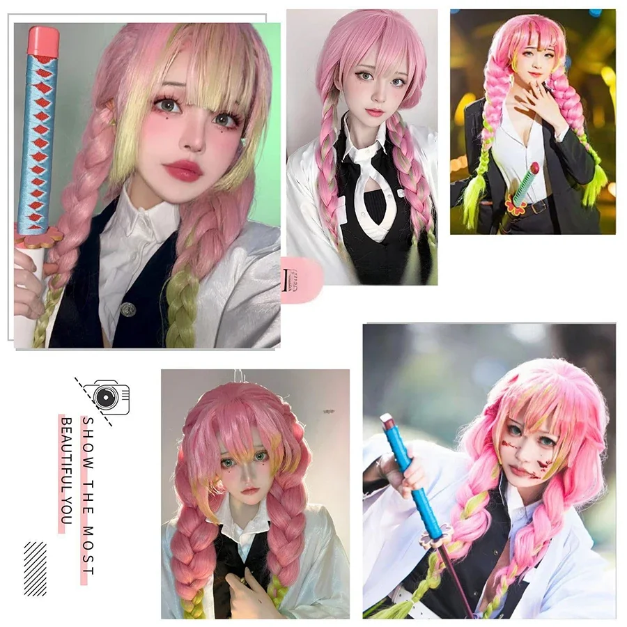 Anime Mitsuri Kanroji Cosplay Synthetic Wig Long Pink Green Braid Heat Resistant Hair Authentic Cosplay Wigs view 6