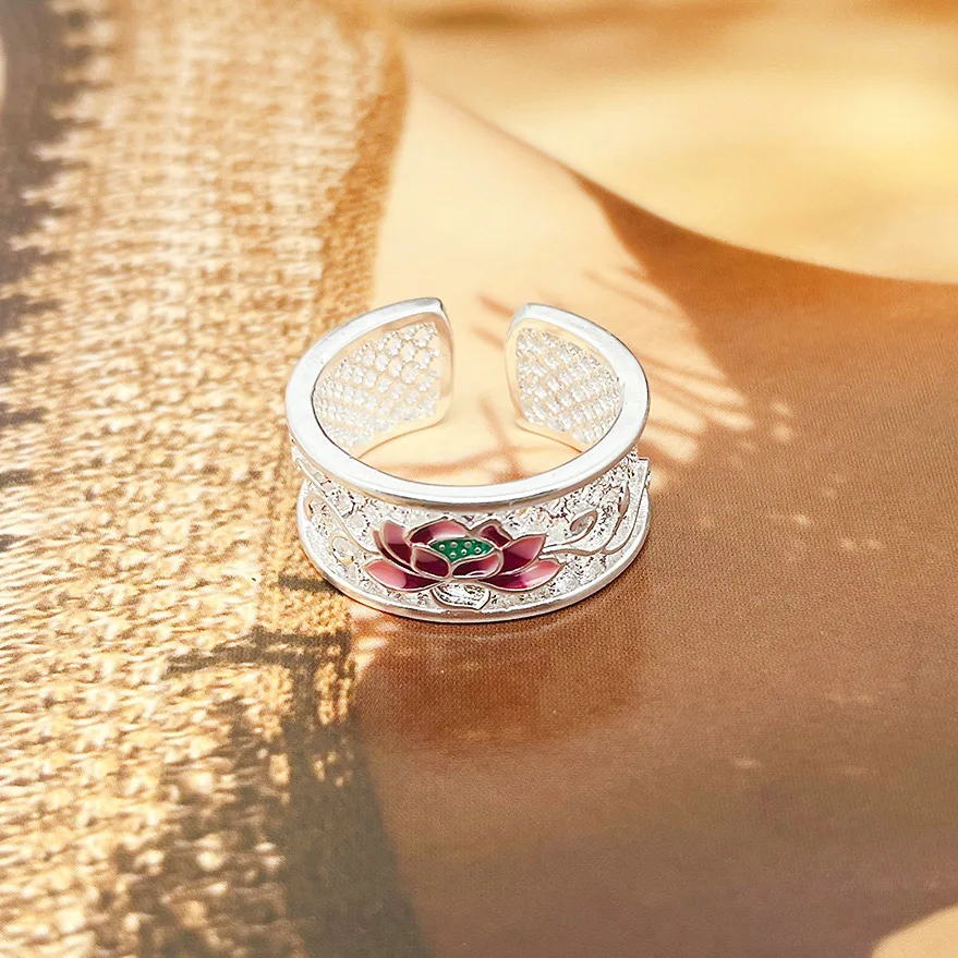 Silver New Chinese Style National Style National Style China-Chic Lotus Food Adjustable High Level Versatile Women's Jewelry