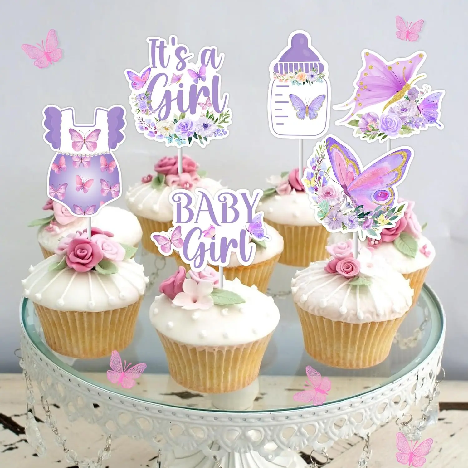 SURSURPRISE Purple Butterfly Baby Shower Cupcake Toppers Butterfly Decor for Girl Butterfly Themed Party Supplies Birthday Decor