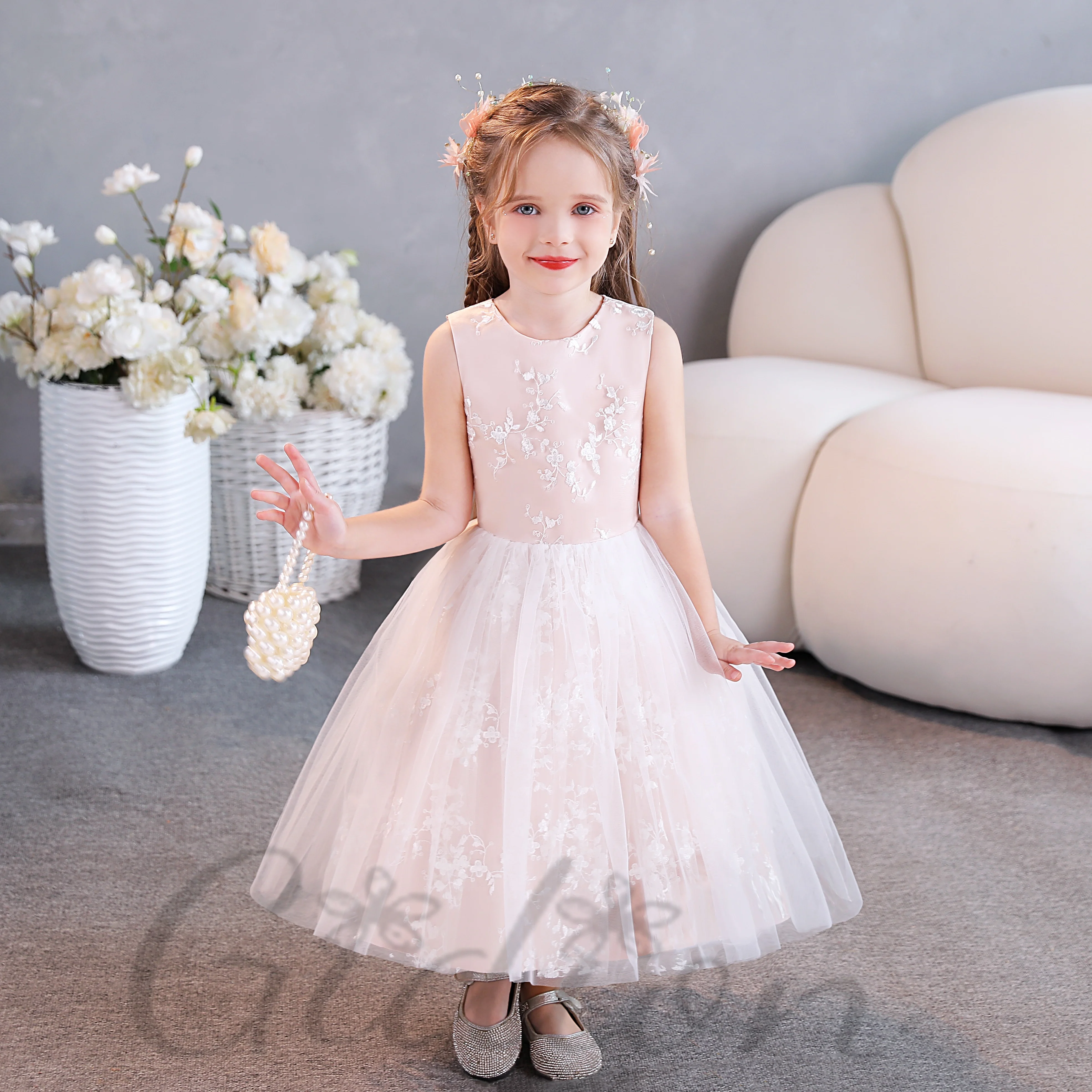 Tulle Princess Flower Girl Dress For Children Wedding Ceremony Pageant Ball Evening-Gown Prom Night Birthday Party Event Banquet