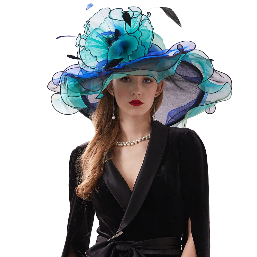 Organza Kentucky Derby Fascinators Hat For Women Ladies Wide Brim Flowers Elegant Wedding Bride Church Party Fedoras Sun Hats