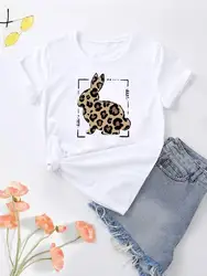 Camiseta de manga curta feminina, roupas fofas, estampa coelho, tendência leopardo, moda verão, anos 90