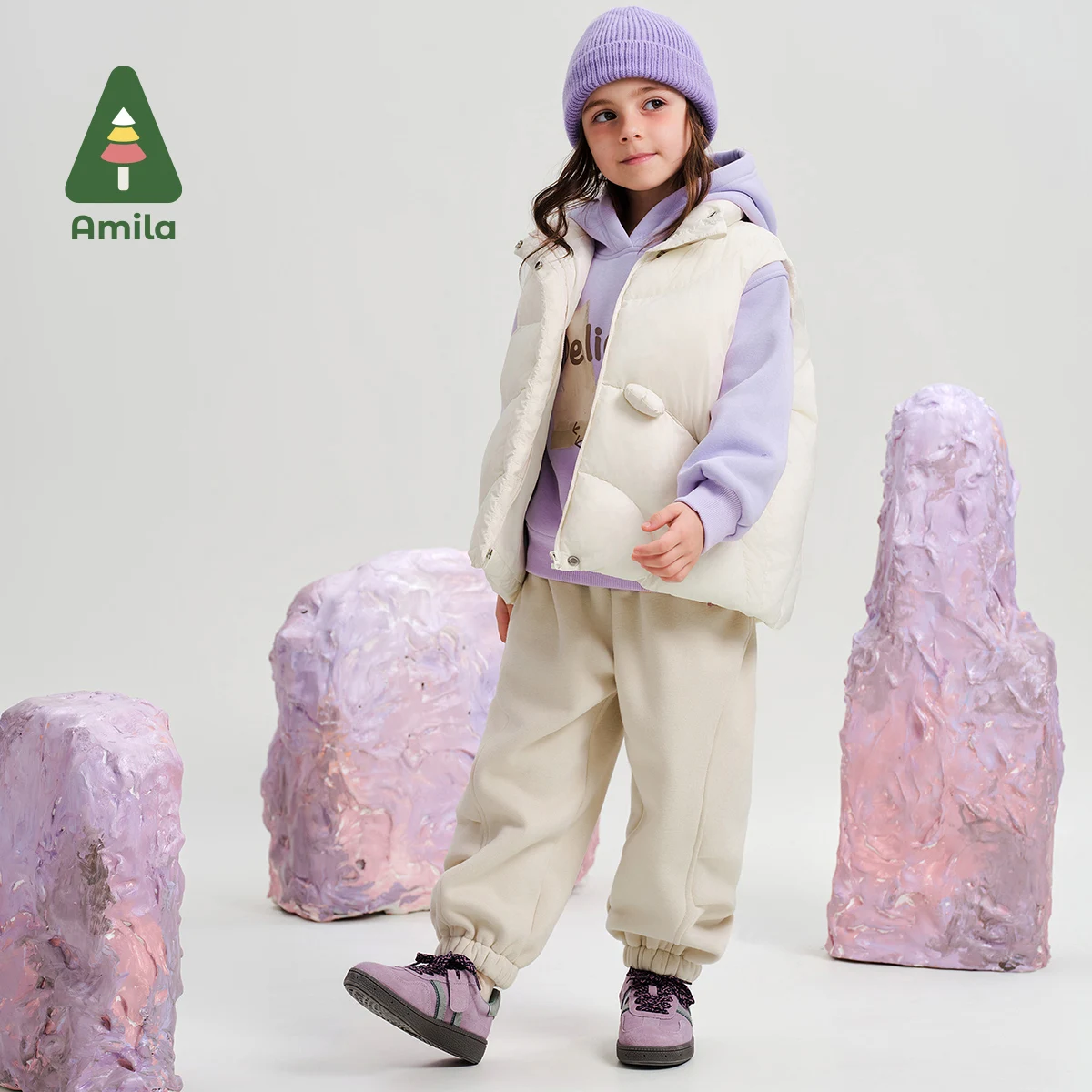 Amila Baby Vest 2024 Winter New Style Girls Solid White Duck Down Warm Soft And Skin-Friendly Loose Casual Children\'s Jacket