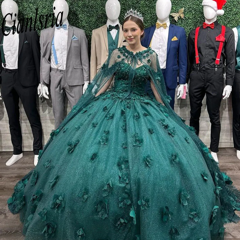 Flores verdes princesa quinceanera vestidos 2022 com cabo destacada contas de cristal doce 16 vestido de 15 años laço-up