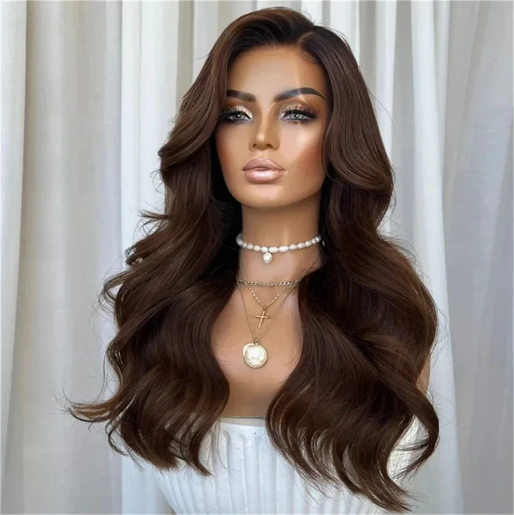 Chocolate Brown Body Wave 13x4 Lace Front Wig Pre-Plucked Synthetic Fiber HD Frontal Wig for Women Brunette Hair Daily Party Wig