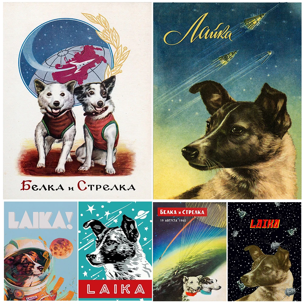Vintage Soviet Space Dog Wall Art Canvas Painting,Laika & Belka-Strelka Cosmic Exploration Art Poster And Print Home Decor