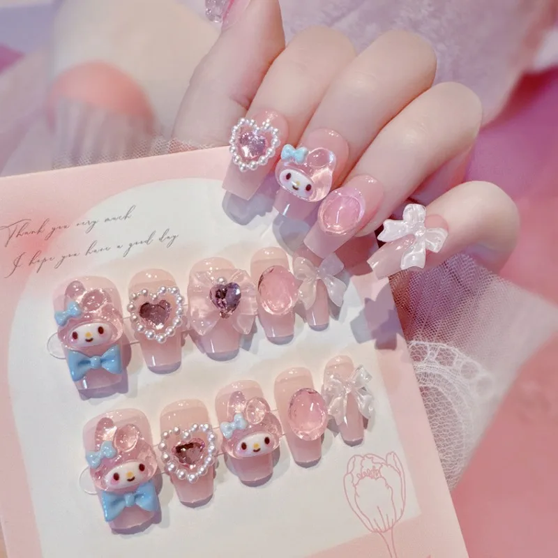 Sanrio Melody-uñas postizas de 24 piezas, Uñas postizas rosas extraíbles hechas a mano, manicura Artificial de cobertura completa, puntas de uñas portátiles