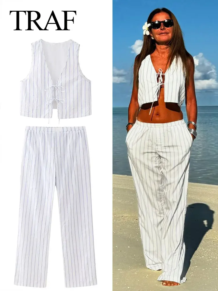 TRAF 2024 Woman Stripe Set V-Neck Sleeveless Casual Loose Lace Up Vest Top + Chic Pocket Wild Female Wide Leg Long Pant Street