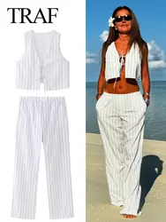 TRAF 2024 Woman Stripe Set V-Neck Sleeveless Casual Loose Lace Up Vest Top + Chic Pocket Wild Female Wide Leg Long Pant Street