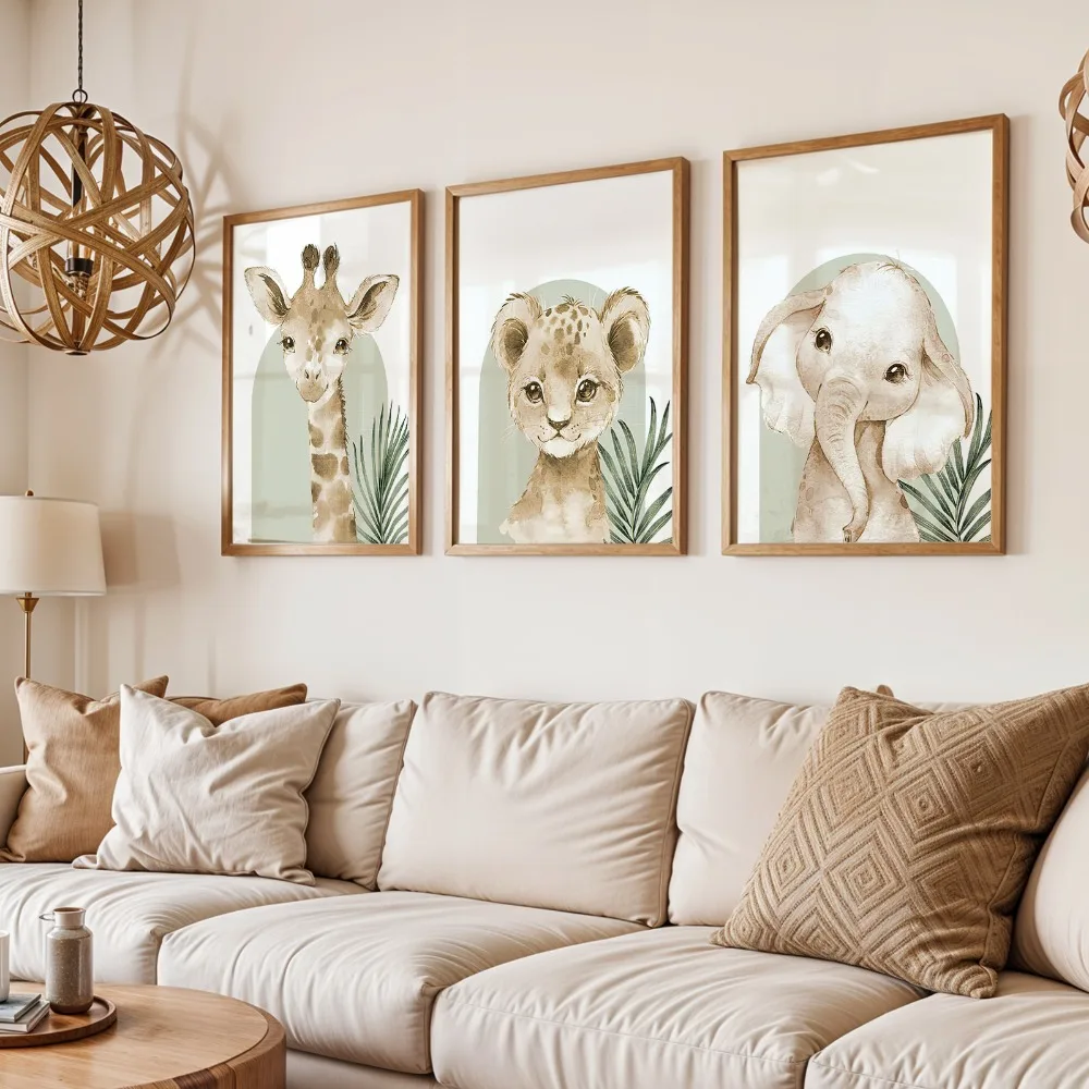 3PCS frameless   ,Art and Animal Posters,Sage Green Jungle Theme Canvas Prints,Including Elephants,Lions and Giraffes Decorating