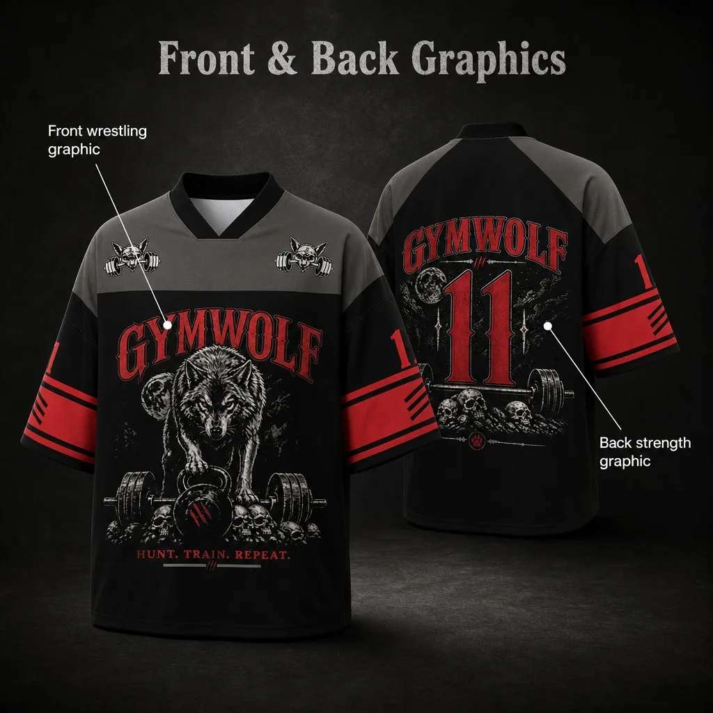 Men's Color Blocked V-neck Sports Shirt Short Sleeved Wolf Dumbbell Fitness Pattern Printed Oversized Loose Fitness Street Top