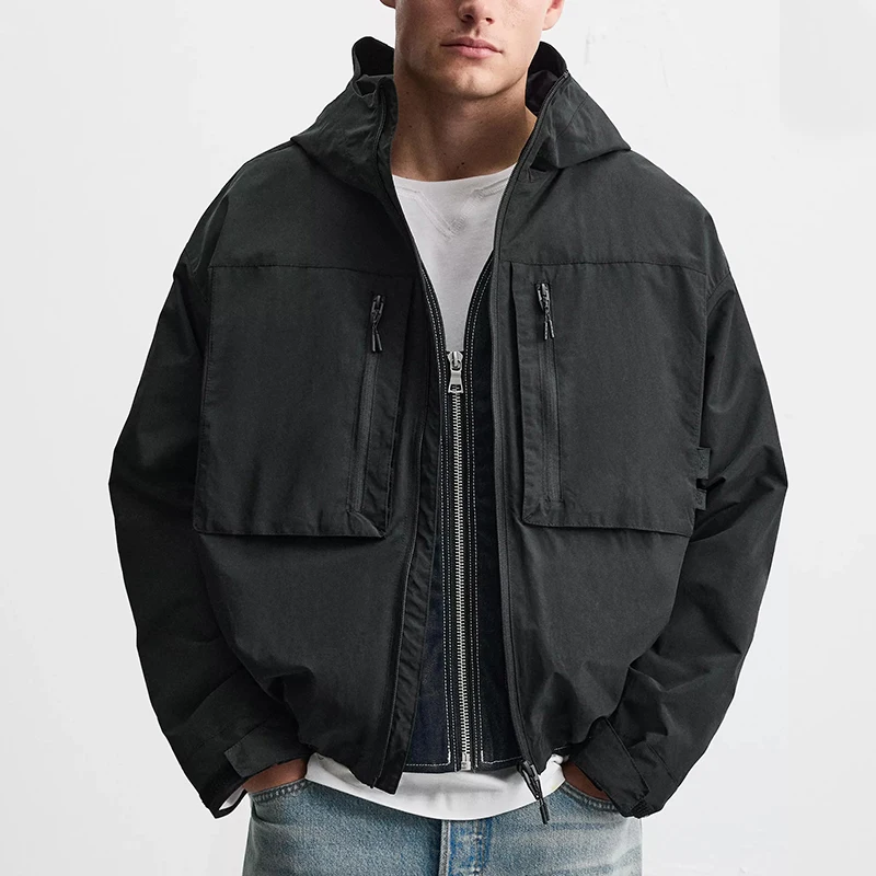 

2026 New High-Quality Fashion Pocket Decoration Technology Fabric Cargo Coat Male Men's Hooded Shake Fleece Lining Warm Jacket