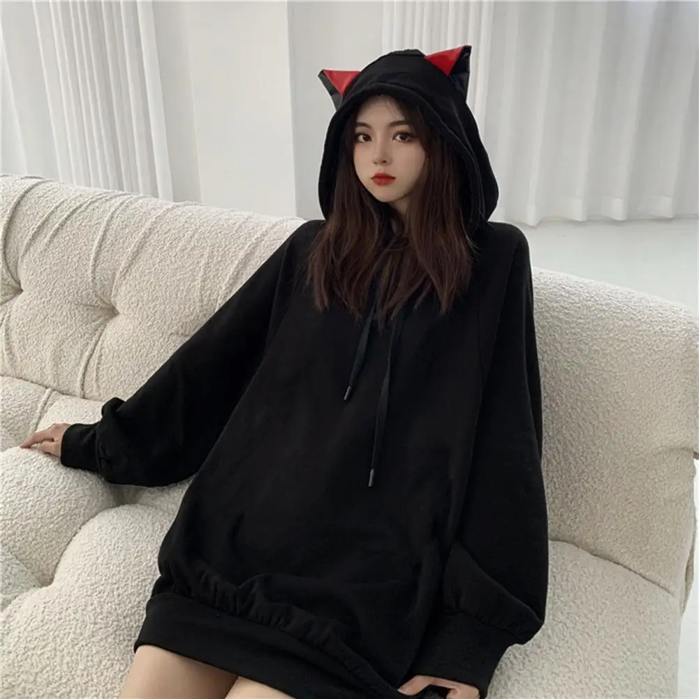 Women Hoodie Lady Winter Hoodie Women’s Autumn Winter Hoodie with Cartoon Cat Ears Thick Drawstring Pullover Loose Mid-length