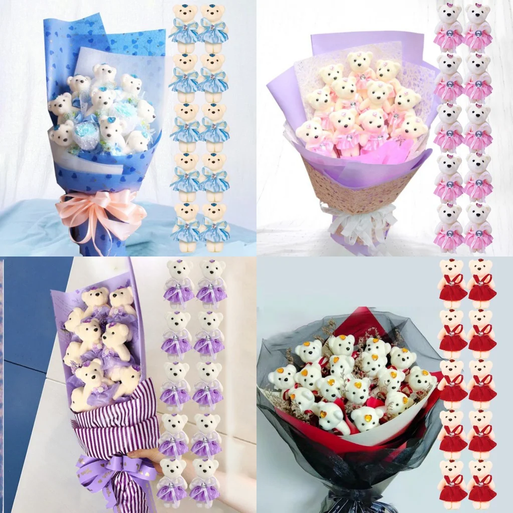 10pcs/Pack 12CM Couple Bear Flower Bouquet Dolls Mini Foam Teddy Bears Plush DlY Valentines Flower Gifts Packaging Accessor part