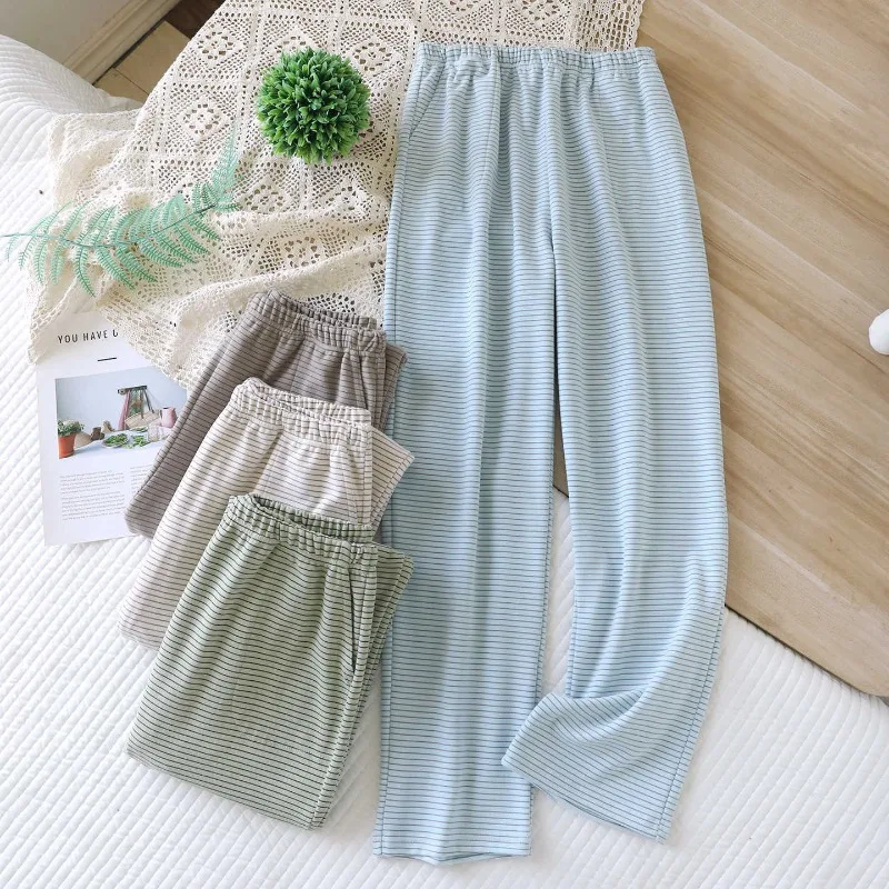 جديد خريف/شتاء 2025 سراويل نوم نسائية مع سراويل مخططة مخملية ، سراويل منزلية سميكة فضفاضة دافئة بيجامة قيعان نسائية