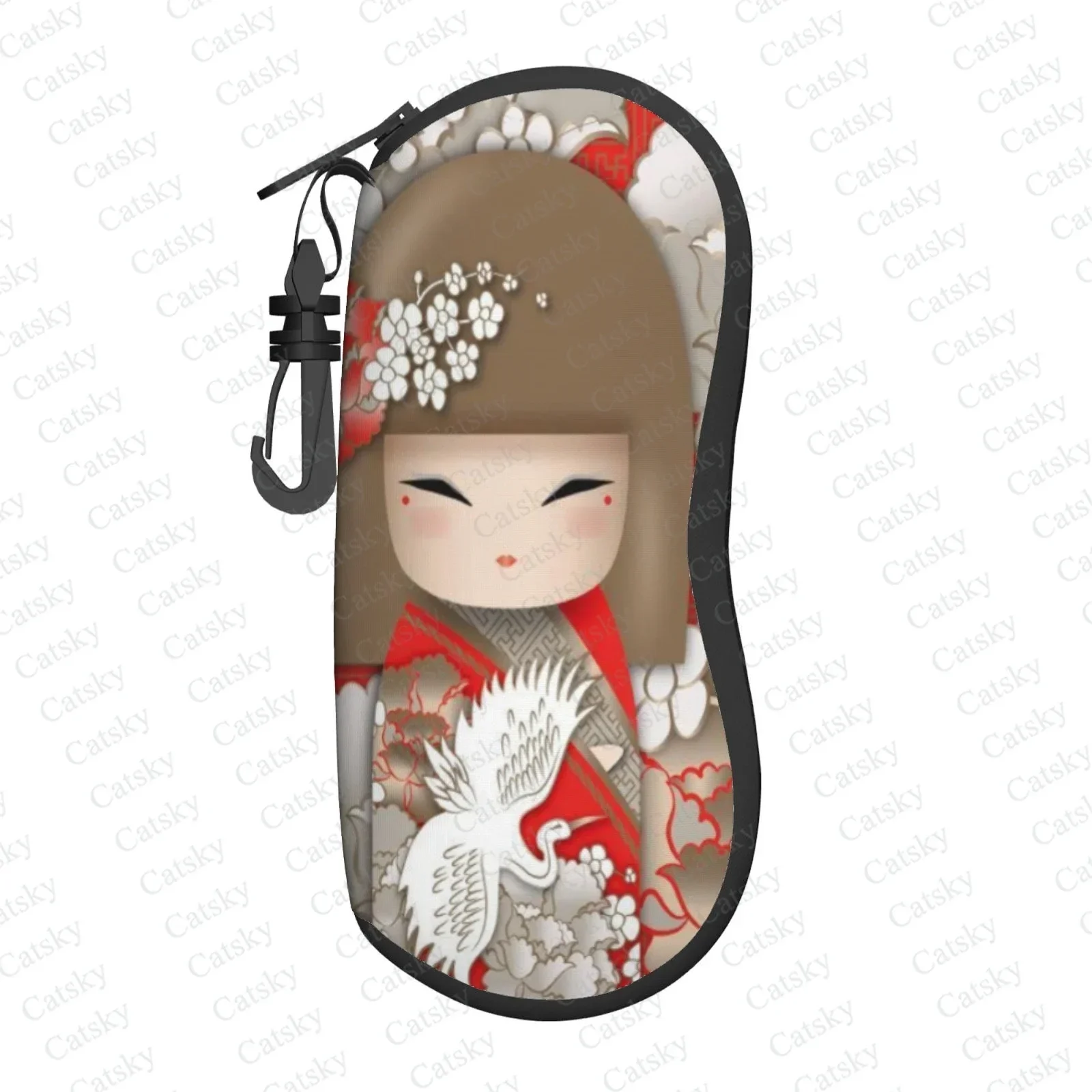 Red Sakura Kokeshi Doll Glasses Case Zipper Sunglasses Bag Travel Printed Soft Shell Storage Glasses Case for Men Women