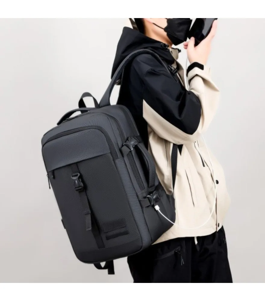 Black textured laptop backpack with external USB anti splash buckle design for men daily commute short weekend travel