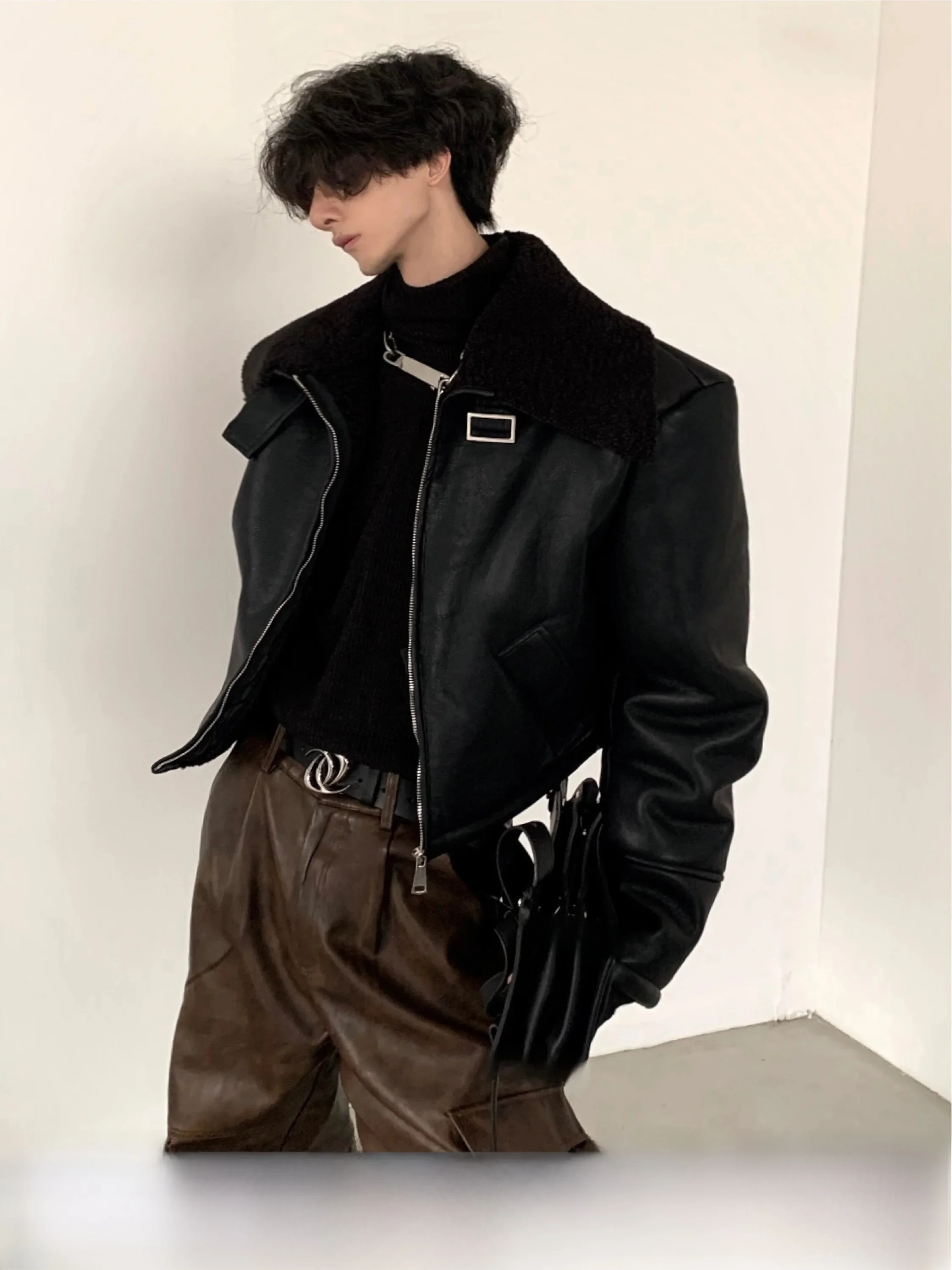 Autumn Mountain Wind Original Silhouette Short Black Leather Fur Jacket Men's Winter Thickened Biker Leather Coat Youth Casua...