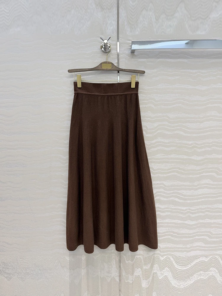 Spring Autumn Fashion Russet Brown Vintage Wool Knitting Long Skirt Women's Elastic Waist Slim Solid Color A-Line Long Skirt