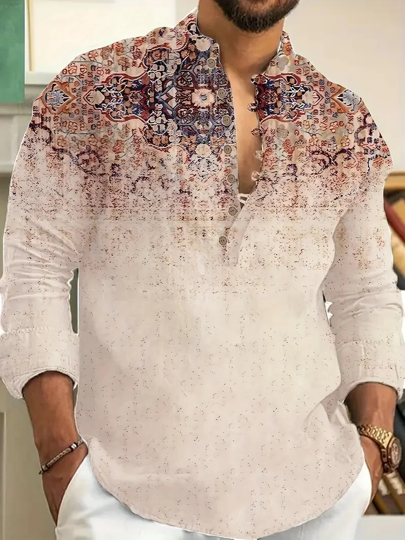 قميص هاواي الرجالي بأكمام طويلة مطبوع عليه زهور للشاطئ، قميص رجالي أنيق جديد مزين بالزهور #4