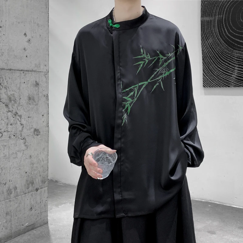 

SYUHGFA 2024 Spring Round Collar Long Sleeve Chinese Style Bamboo Printing Shirt Loose Casual Shirts Tops Men Clothing