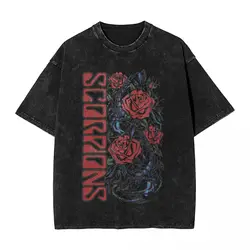 Washed T Shirt Scorpions Rock Band Rose Hip Hop Vintage T-Shirt Oversize Music Tour Streetwear Cotton Summer Tops Tees Men Women