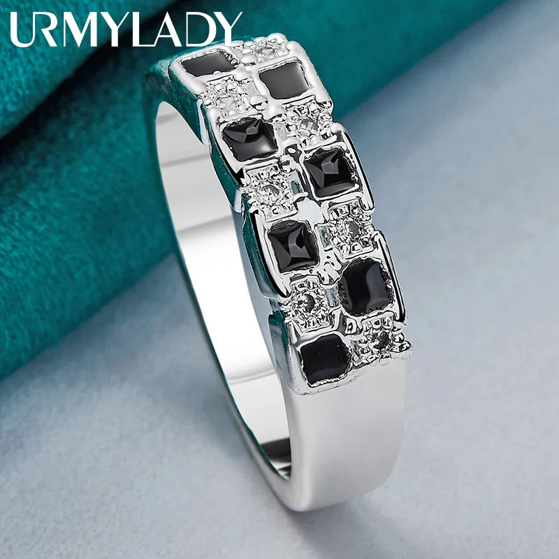 

URMYLADY 925 Sterling Silver Black White Lattice Zircon 7-10# Ring For Women Wedding Party Gift Fashion Charm Jewelry