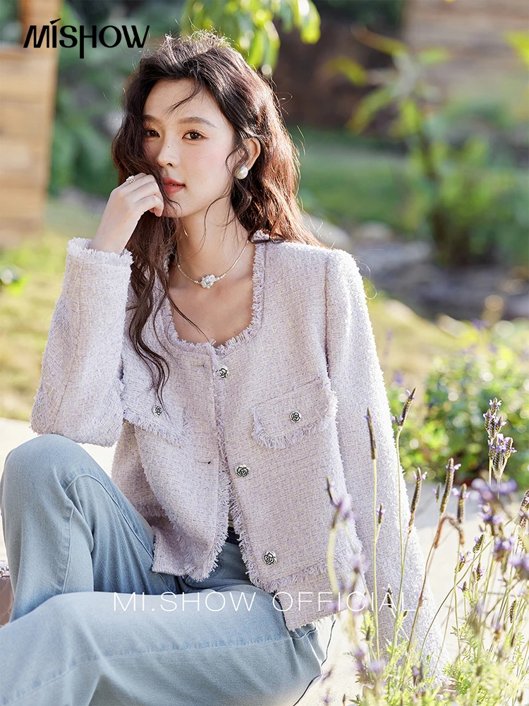 MISHOW Tassel Fragrant Coat for Women 2025 Spring Rose Buckle Weave Short Coats Elegant Square Neck Straight Coats MXE13W0733