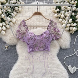 Women Chic Bandage Embroidery Puff Sleeve Tank Top Slim Basic Sexy Korean Fashion Crop Top Summer Women Corset Bustier