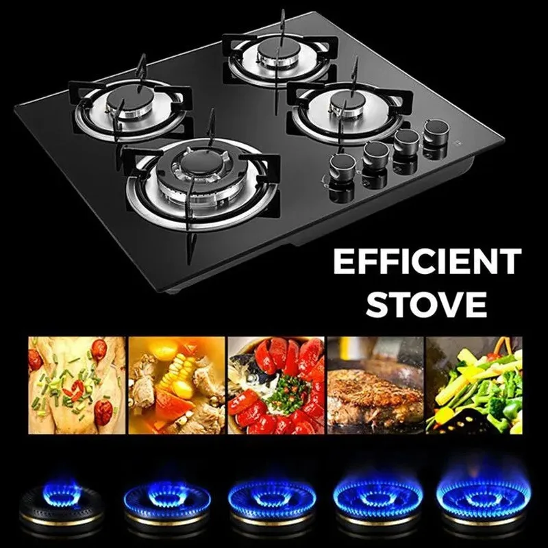 موقد غاز بأربعة شعلات - موقد مدمج من الزجاج المقوى مع إشعال كهربائي، غاز البترول المسال متوافق مع الأسر والفنادق