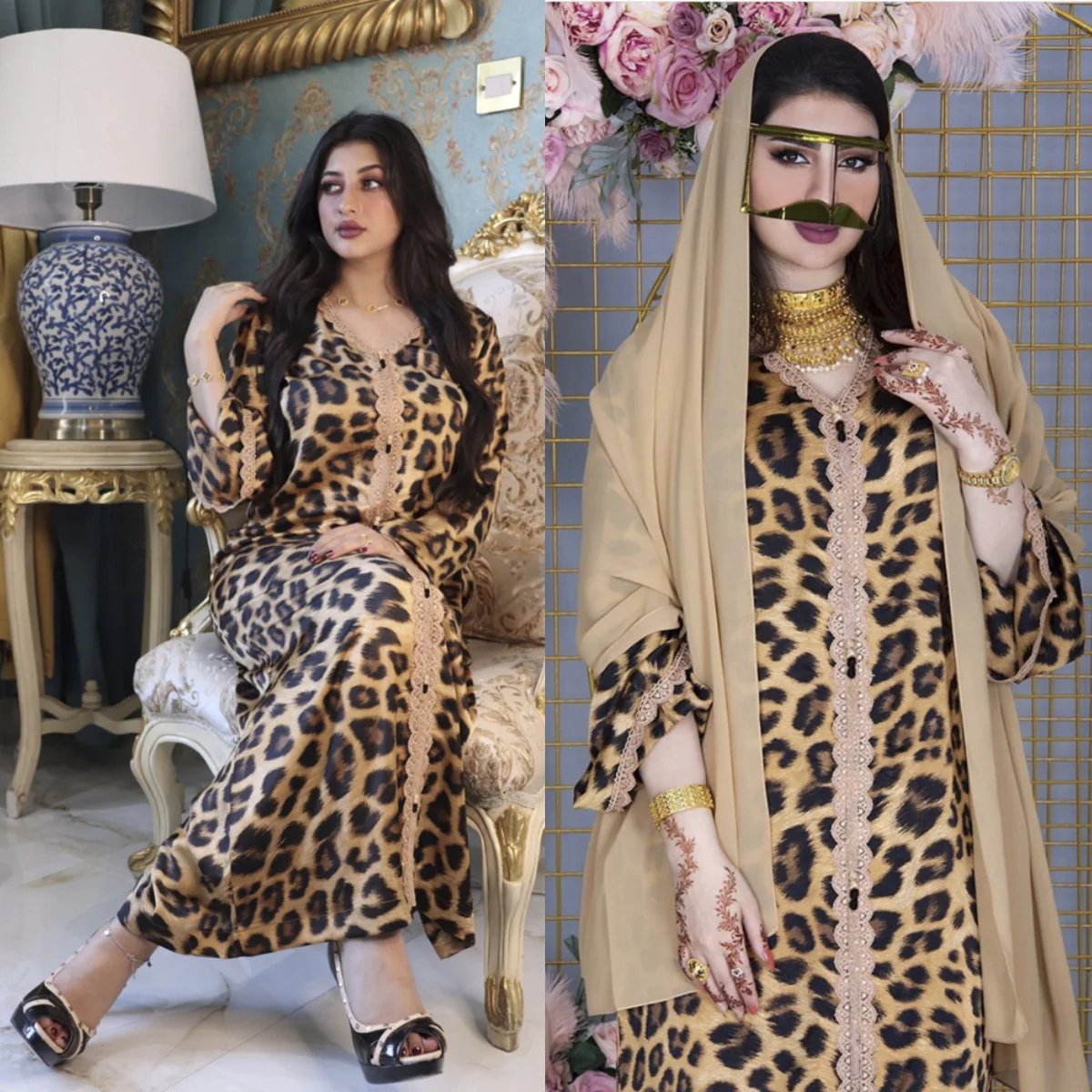 Ab078 printed leopard long lace jalabiya Saudi women's Robe