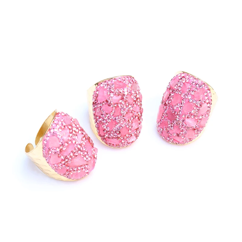 Irregular Rose Quartz Open Ring for Women Girls Gold-color Handmade Micro Inlay Pink Rhinestone Party Wedding Gifts Jewelry