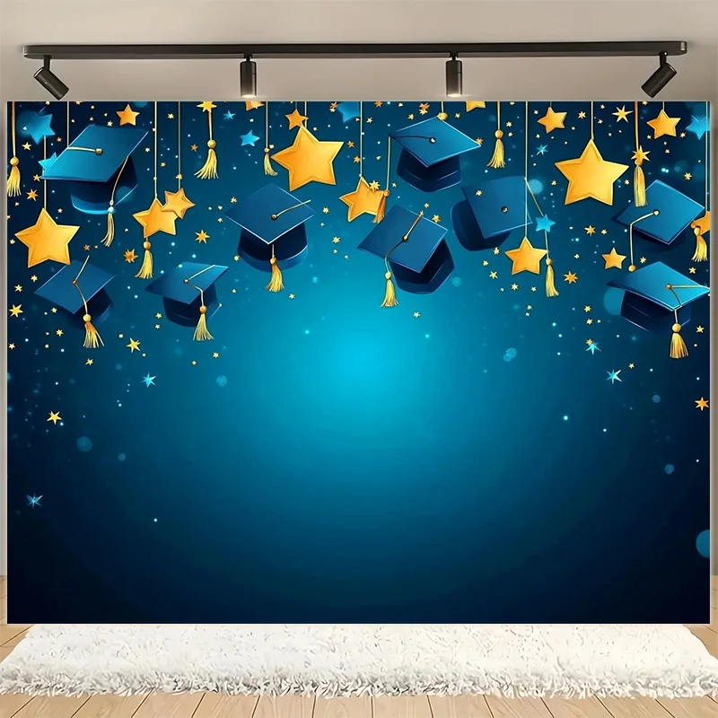 1-Hintergrundbanner für die Abschlussfeier im Kindergarten – Strapazierfähiges Polyestergewebe, blaues und goldenes Sternenhimmel-Design
