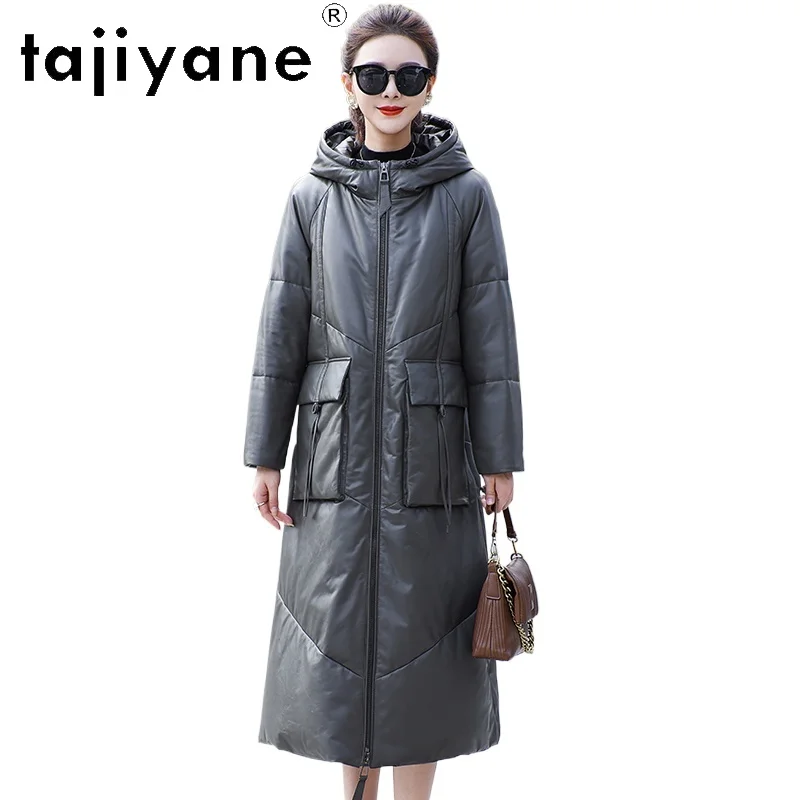 TAJIYANE 100% جلد البقر أوزة أسفل معطف مقنعين طويل سترات من الجلد الحقيقي عالية الجودة سترة منفوخة النساء الملابس الشتوية 2025 П্যাডিং