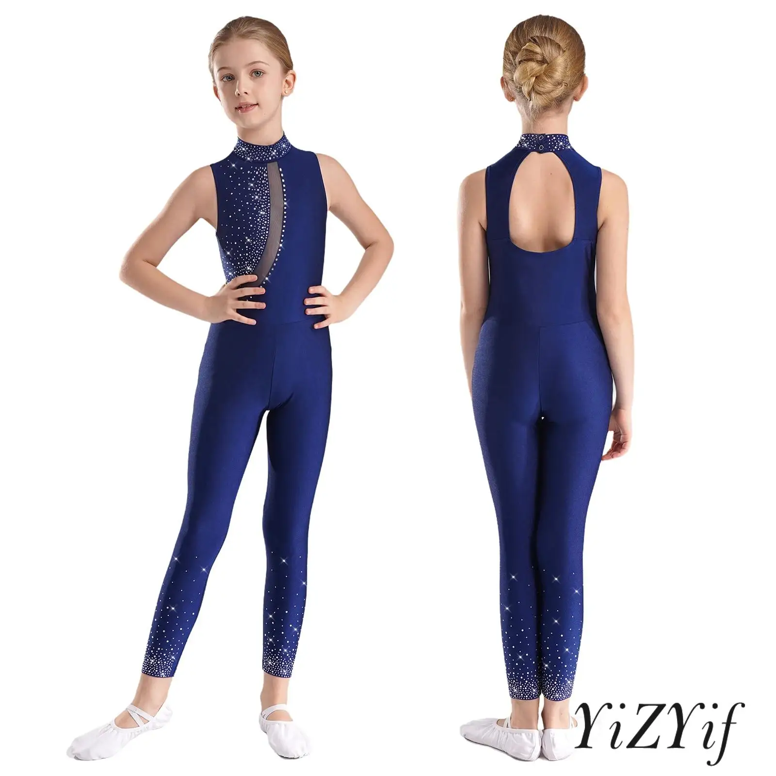 

Kids Girls Sleeveless Rhythmic Gymnastics Jumpsuit Ballet Dance Figure Skating Performance Costume Shiny Rhinestones Dancewear
