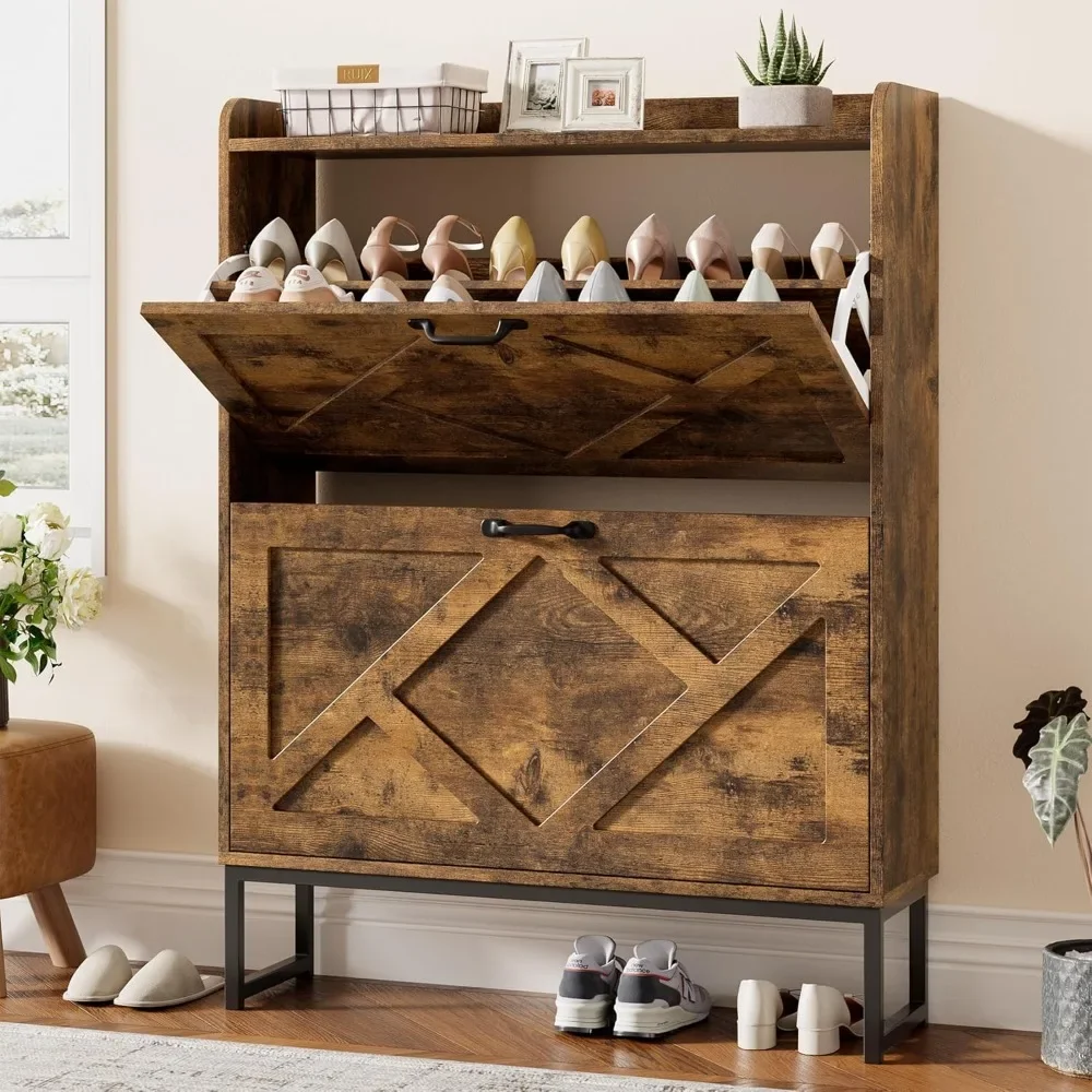 

Shoe Cabinet Storage for Entryway, Freestanding Shoe Storage Cabinet with 3 Flip Drawers, Fluted Accent Shoe Organizer Cabinet