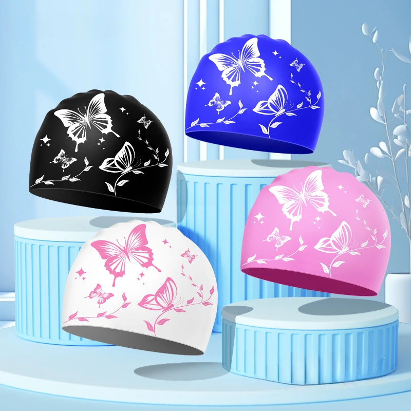 Waterproof Silicone Swim Caps for Women Men High Ealsitc Long Hair Ear Protection Swimming Cap Butterfly Printed Adult Swim Caps